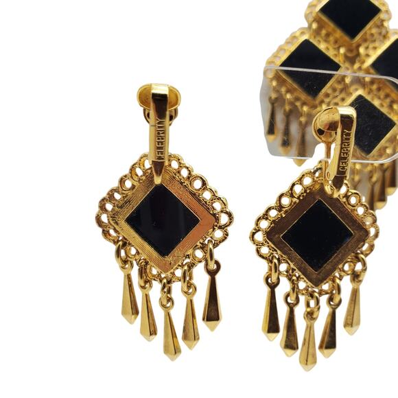 Celebrity Black White Pendant Necklace Clip Earrings Gold Fringe Retro Statement - Picture 8 of 11